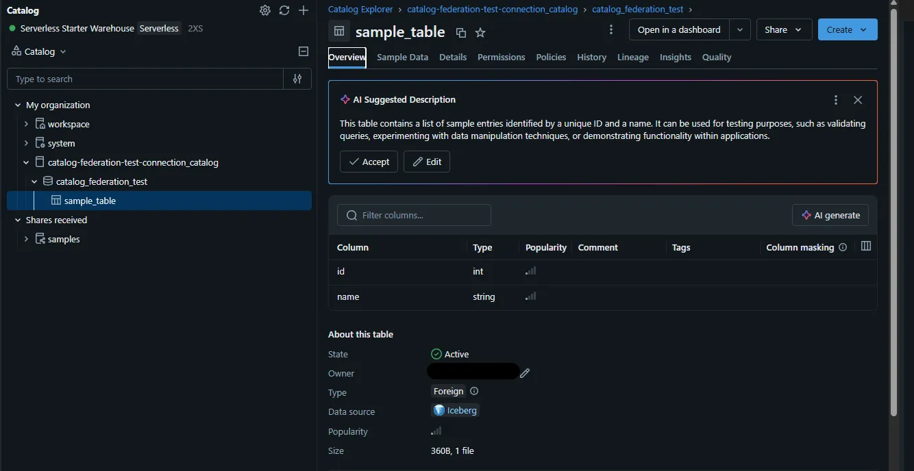 DatabricksカタログUIの実行結果画面